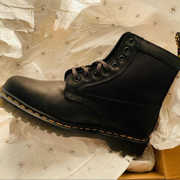 NEW DR DOC MARTENS Black Leather Canvas Panel Inset Lace Up Combat Ankle Boot 10 main image 9